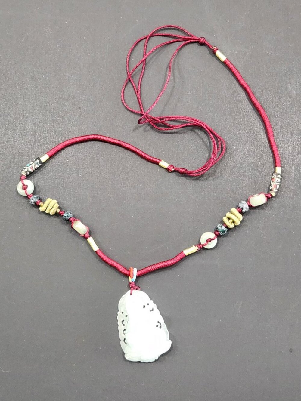 Adjustable Red Silk Cord Necklace W/ Guanyin Jade Carving 23" to 30"